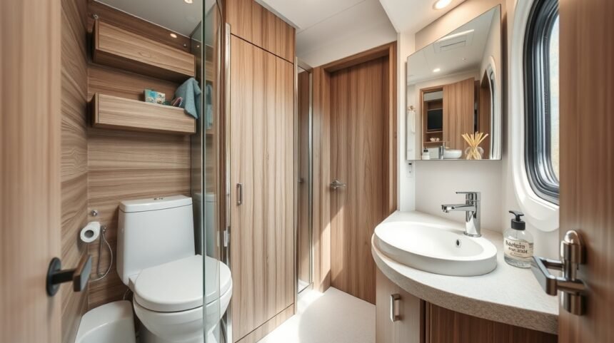 Moderná karavanová toaleta s hygienickým umývadlom a sklenými dverami.