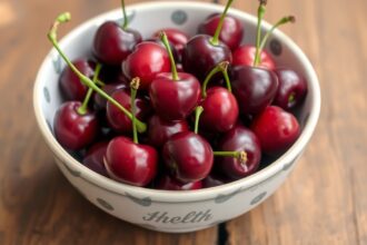 Čerstvé čerešne v mise na drevenom stole