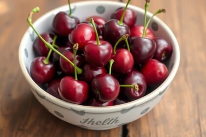 Čerstvé čerešne v mise na drevenom stole