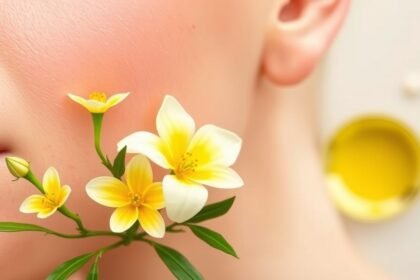 Pupilka dvojročná s kvetinami a olejom na pokožke tváre.