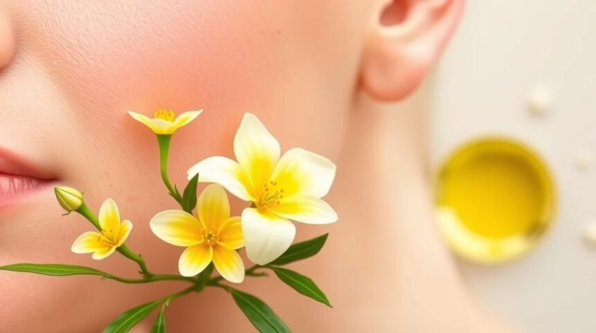 Pupilka dvojročná s kvetinami a olejom na pokožke tváre.