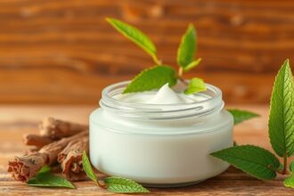 Prírodný krém s lipkavcom obyčajným v sklenenom obale s bylinkami.