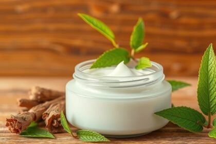 Prírodný krém s lipkavcom obyčajným v sklenenom obale s bylinkami.