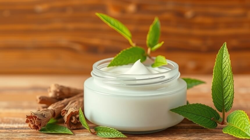 Prírodný krém s lipkavcom obyčajným v sklenenom obale s bylinkami.