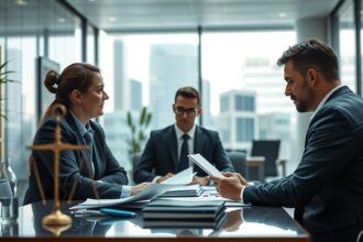 Porada medzi odborníkmi v moderných kanceláriách s právnymi témami.