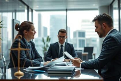 Porada medzi odborníkmi v moderných kanceláriách s právnymi témami.