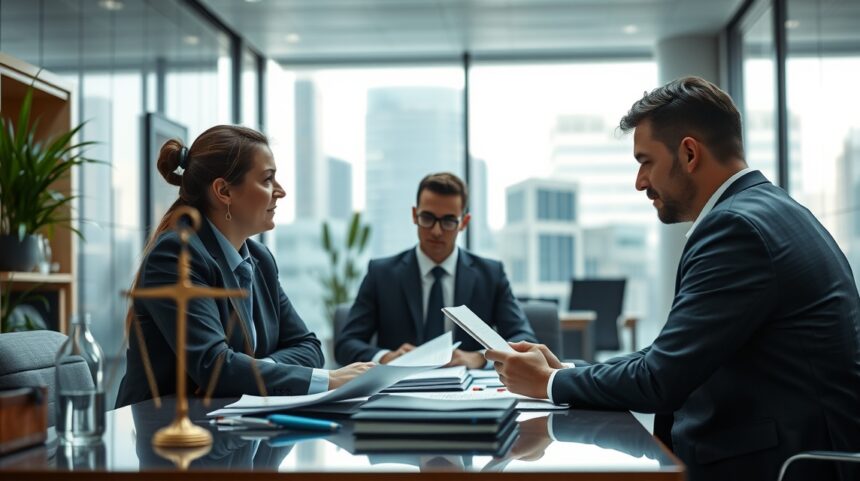 Porada medzi odborníkmi v moderných kanceláriách s právnymi témami.