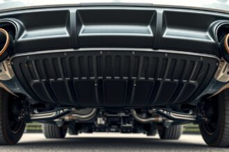 Detail tepelného krytu výfuku na automobile zospodu.