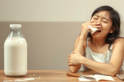 Žena pociťujúca diskomfort po konzumácii mlieka