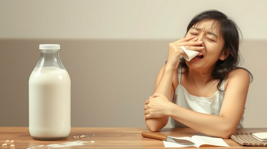 Žena pociťujúca diskomfort po konzumácii mlieka
