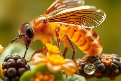 Včela zbierajúca nektár z kvetov, symbol propolisu