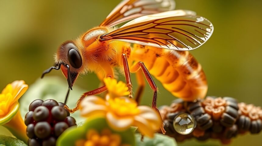 Včela zbierajúca nektár z kvetov, symbol propolisu