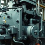 Detail excentrického lisu v priemyselnom prostredí.