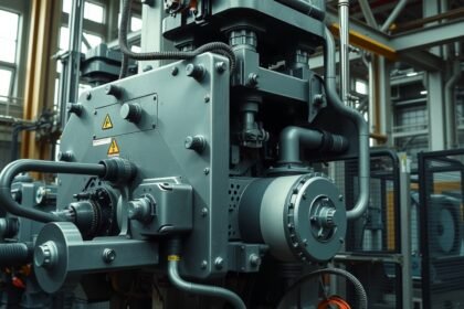 Detail excentrického lisu v priemyselnom prostredí.