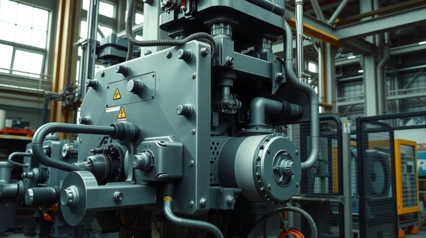 Detail excentrického lisu v priemyselnom prostredí.