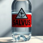 Fľaša Salvus vody s varovným označením pre zdravie.