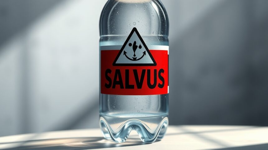 Fľaša Salvus vody s varovným označením pre zdravie.