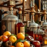 Súprava na domáce pálenie ovocia a liehovín na drevenom pozadí.