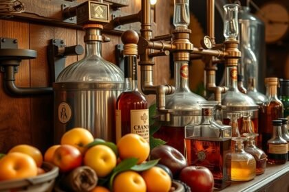 Súprava na domáce pálenie ovocia a liehovín na drevenom pozadí.