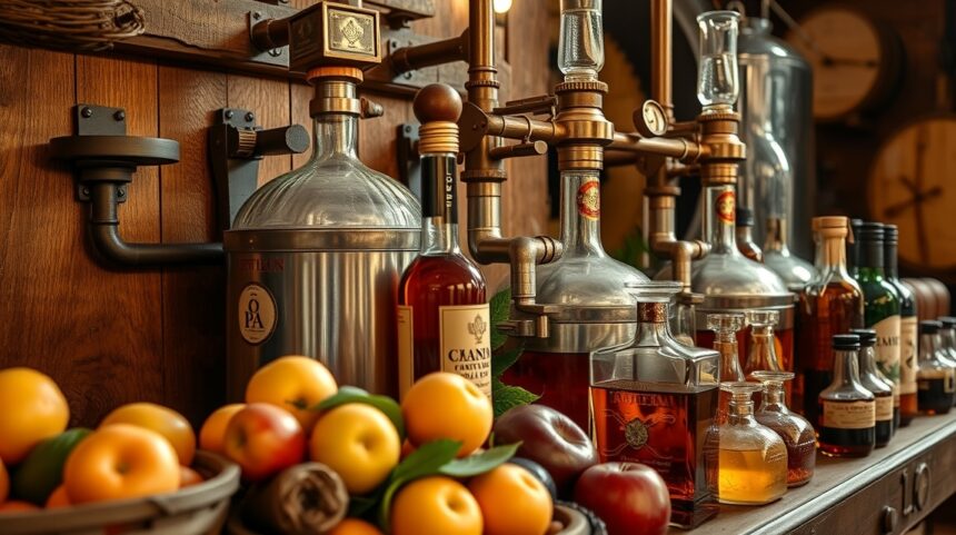 Súprava na domáce pálenie ovocia a liehovín na drevenom pozadí.