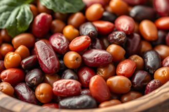 Rôzne druhy fazule v drevenej miske, bohaté na živiny.