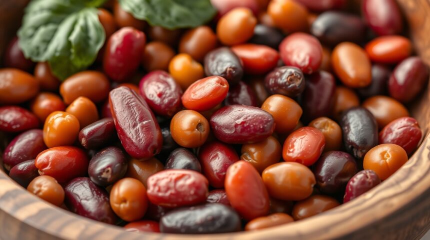 Rôzne druhy fazule v drevenej miske, bohaté na živiny.