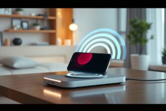 Bezdrôtové nabíjanie mobilného telefónu na modernom stole