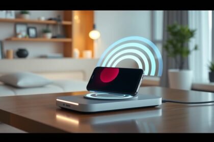 Bezdrôtové nabíjanie mobilného telefónu na modernom stole