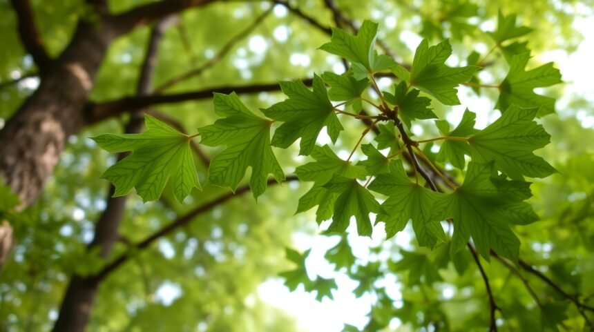 Listy ginka dvojlaločného na pozadí jasného dňa