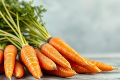 Čerstvé mrkvy s listami na drevenom stole