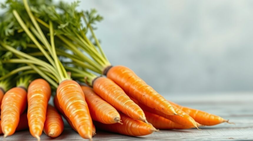 Čerstvé mrkvy s listami na drevenom stole