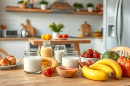 Zdravé raňajky s kefírom a ovocím na stole v kuchyni.