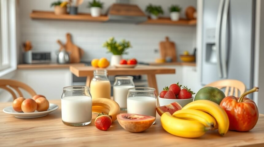 Zdravé raňajky s kefírom a ovocím na stole v kuchyni.