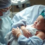 Novorodenec po cisárskom reze s pediatrom v nemocnici.