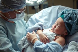 Novorodenec po cisárskom reze s pediatrom v nemocnici.