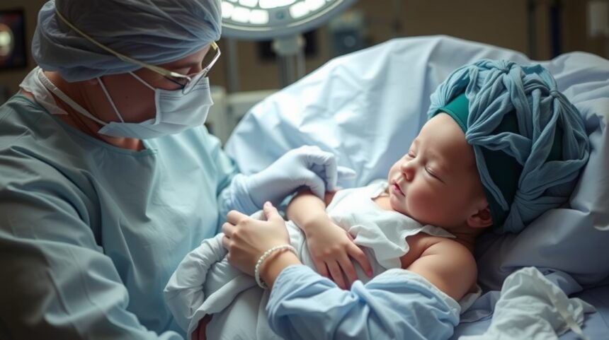 Novorodenec po cisárskom reze s pediatrom v nemocnici.