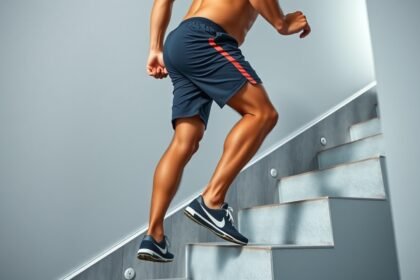 Muž cvičiaci výstup po schodoch na posilnenie svalov nôh.