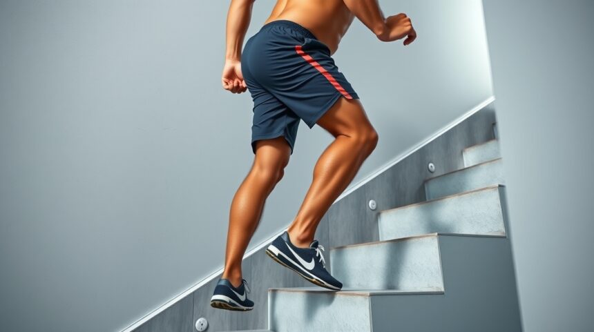 Muž cvičiaci výstup po schodoch na posilnenie svalov nôh.
