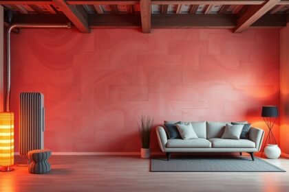 Inovatívna nástenná farba v modernom interiéri obývacej izby.
