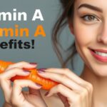 Žena so zdravou pokožkou ukazuje mrkvu ako zdroj vitamínu A.