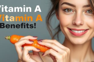 Žena so zdravou pokožkou ukazuje mrkvu ako zdroj vitamínu A.