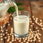 Sójový nápoj nalievaný do pohára vedľa sójových bôbov.