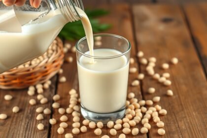 Sójový nápoj nalievaný do pohára vedľa sójových bôbov.