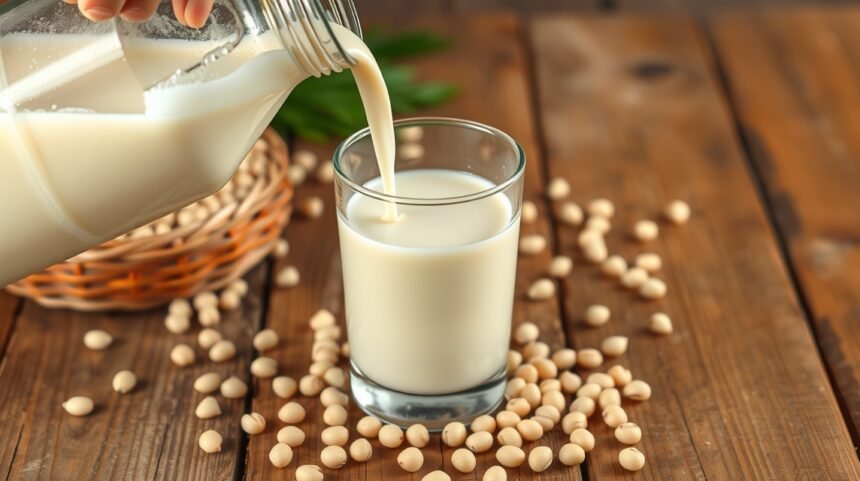 Sójový nápoj nalievaný do pohára vedľa sójových bôbov.