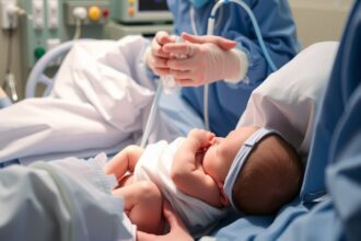 Novorodenec po cisárskom reze je v starostlivosti zdravotníkov.