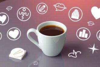 Hrnček kávy obklopený symbolmi zdravia a životného štýlu.
