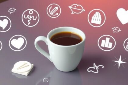 Hrnček kávy obklopený symbolmi zdravia a životného štýlu.