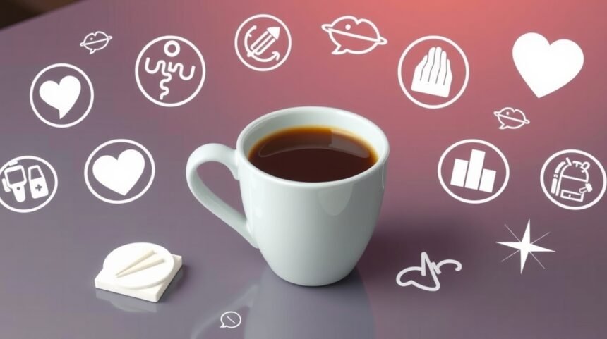 Hrnček kávy obklopený symbolmi zdravia a životného štýlu.