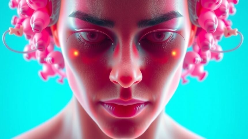 Rádiografia ženského tváre s ružovými prvkami a fokusom na zdravie.