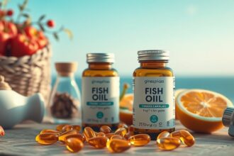 Fľaše rybieho oleja s kapsulami a citrónom na drevenej podložke.